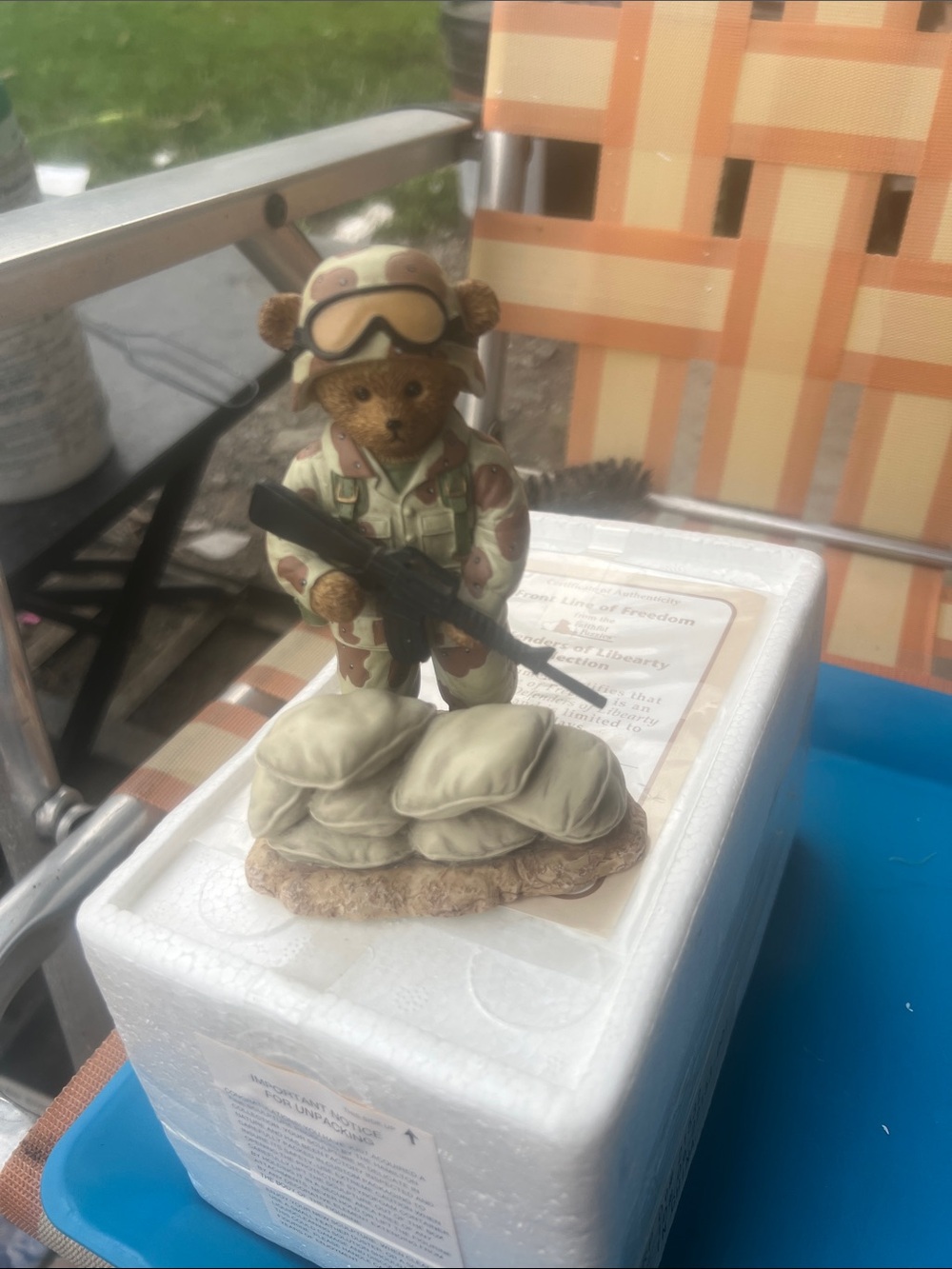 Military Teddy Bear Figurine in Tan and Green by